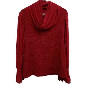 Laura Hlavac Womens Cowl Neck Top XL Red‎ Textured Sheer Bishop Sleeve BOHO